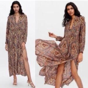 Zara Women's Long Sleeve Boho Festival Paisley V-neck Dress Tunic Size XS-S